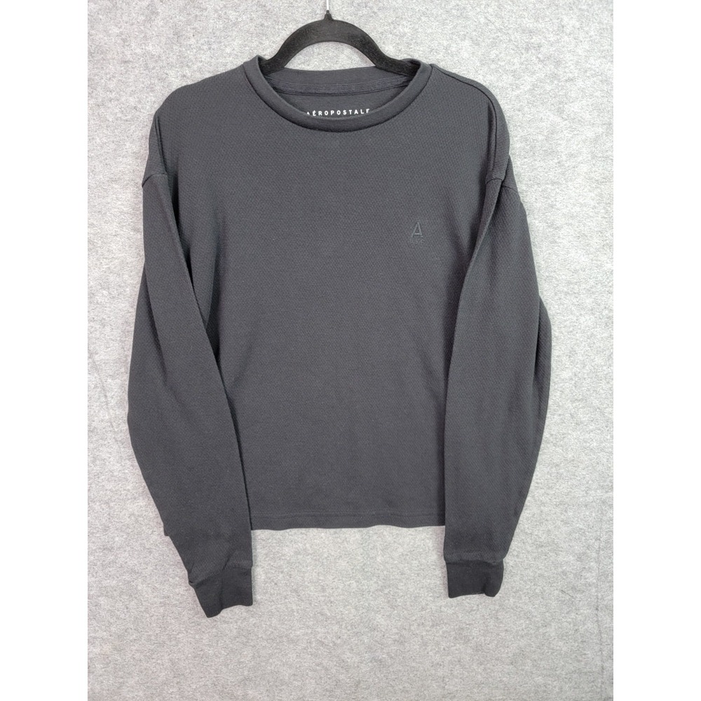 Aeropostale Men Solid Knit Long Sleeve Crew Neck T-Shirt Black Size S